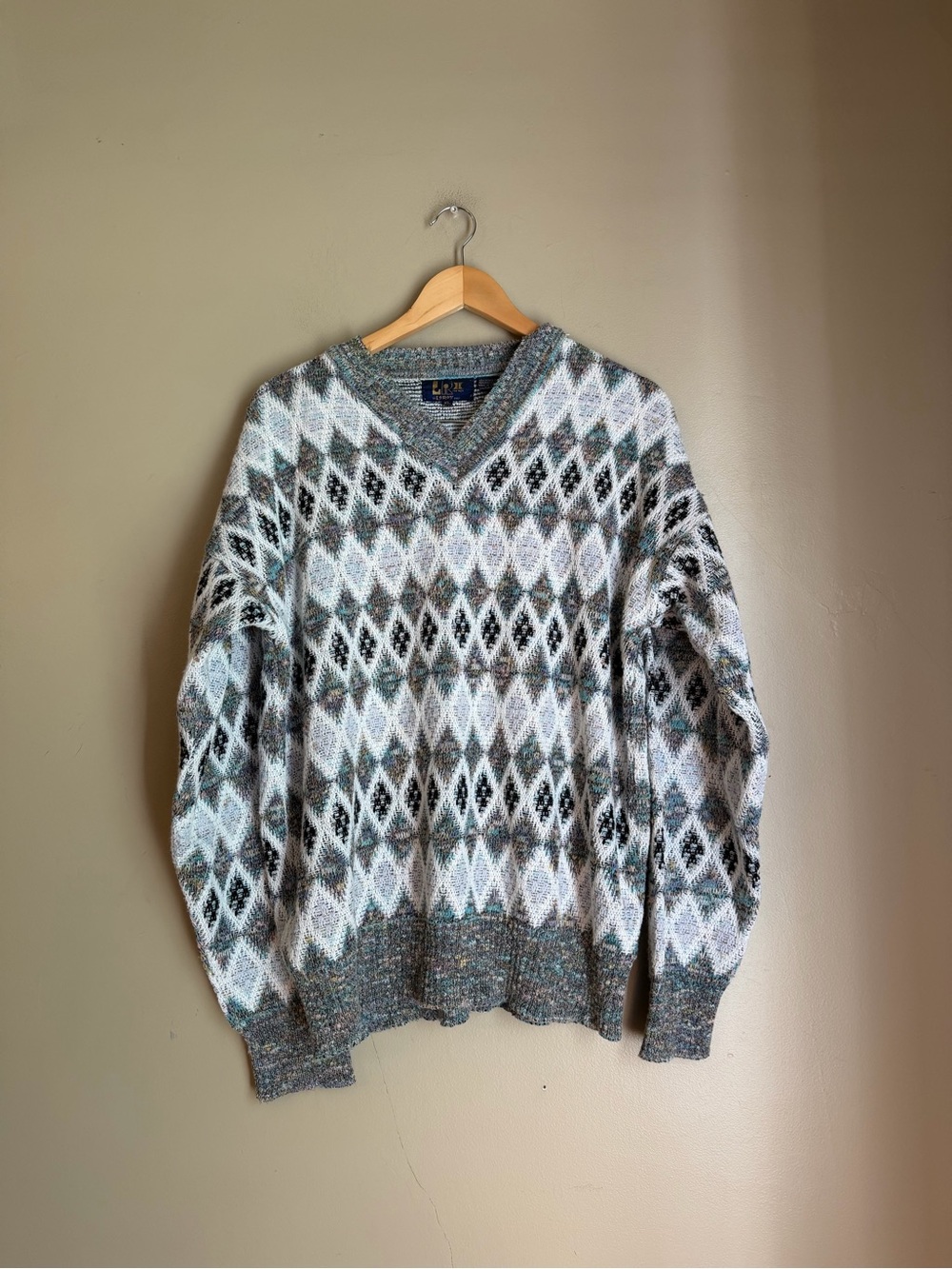 Vtg L R II LeRoy Knit Sweater Mens Geometric Pattern Multicolor Cosby V Neck XL